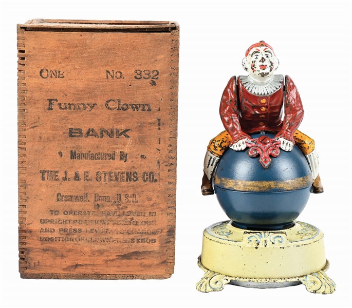 J. & E. STEVENS CLOWN ON GLOBE CAST IRON MECHANICAL BANK W/ ORIGINAL BOX