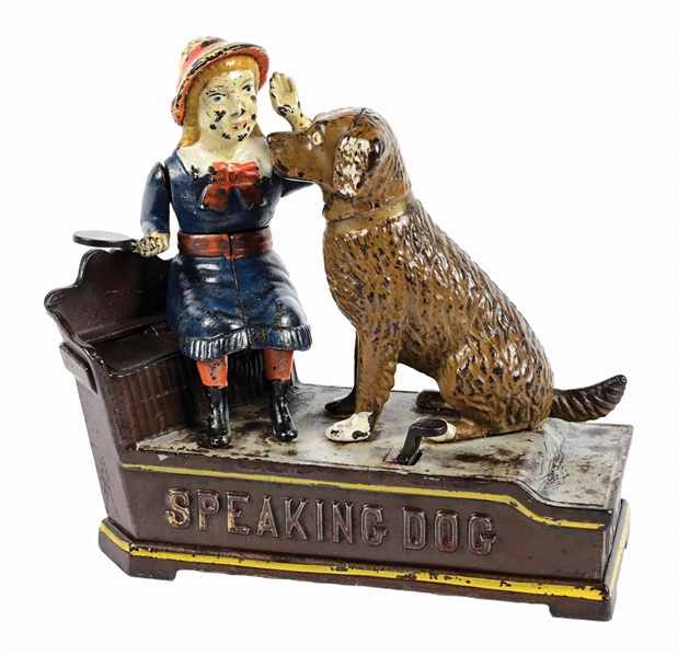 J. & E. STEVENS SPEAKING DOG CAST IRON MECHANICAL BANK