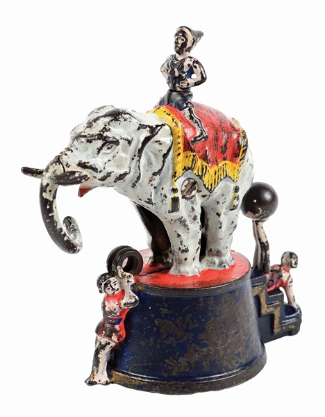 J. & E. STEVENS ELEPHANT AND CLOWNS CAST IRON MECHANICAL BANK 