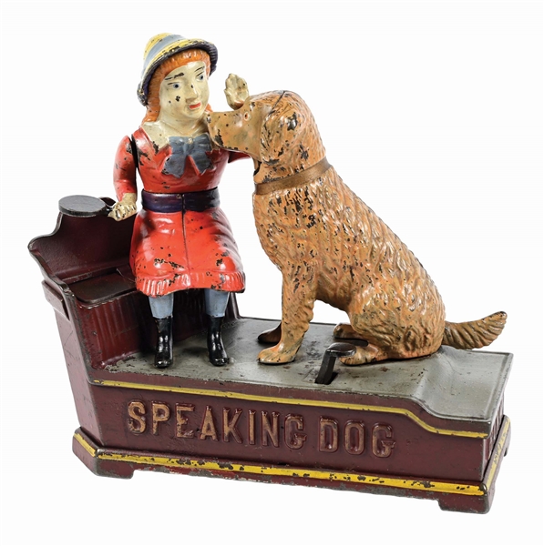 J. & E. STEVENS SPEAKING DOG CAST IRON MECHANICAL BANK