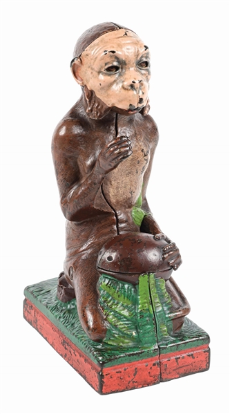 J. & E. STEVENS MONKEY & COCONUT CAST IRON MECHANICAL BANK