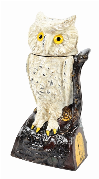 J. & E. STEVENS OWL TURNS HEAD CAST IRON MECHANICAL BANK