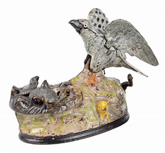 J. & E. STEVENS EAGLE & EAGLETS CAST IRON MECHANICAL BANK