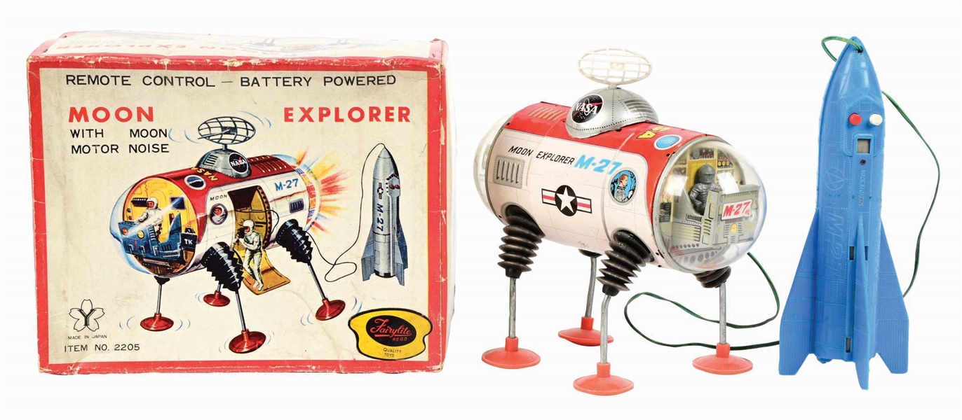 JAPANESE TIN LITHO & PLASTIC BATTERY-OPERATED REMOTE CONTROL MOON EXPLORER M-27