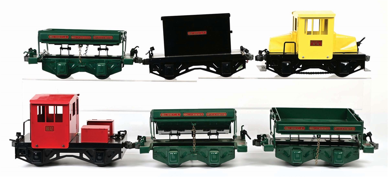 LOT OF 6: T-PRODUCTIONS PRESSED STEEL BUDDY "L" OUTDOOR RAILROAD TRAIN CARS W/ 5 BOXES