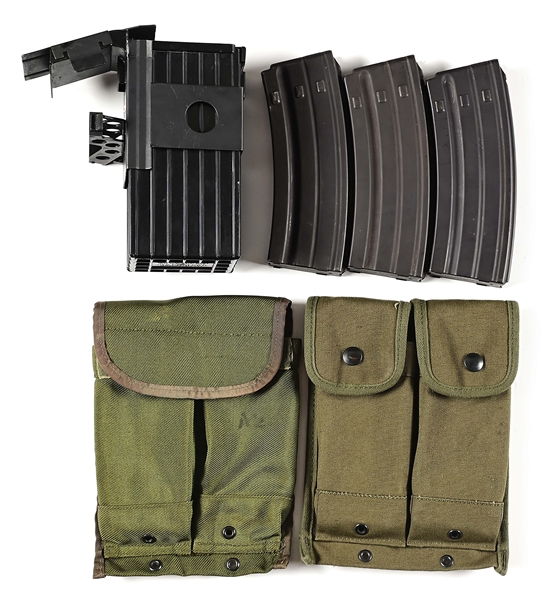 VERY SOUGHT AFTER ORIGINAL STONER MACHINE GUN MAGAZINES, MARKED STONER 63, WITH ORIGINAL BELT BOX HANGER, BELT BOX, AND MAGAZINE POUCHES.