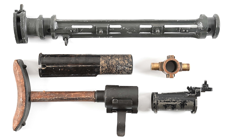 GERMAN MG-15 MACHINE GUN ADAPTED TRIPOD, SHROUD, SHOULDER BRACE, AND OTHER ACCESSORY PARTS.