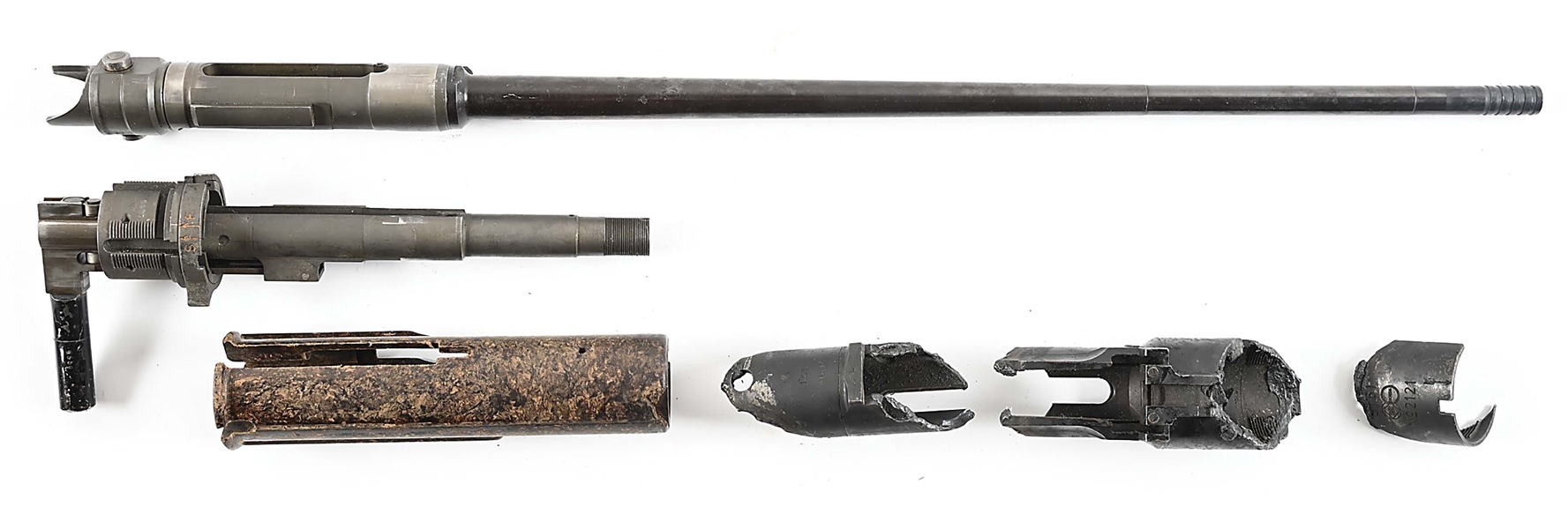 GERMAN MG-15 MACHINE GUN PARTS INCLUDING BARREL, BARREL EXTENSION, BOLT, BOLT HOUSING, BAKELITE, AND CUT RECEIVER PIECES.