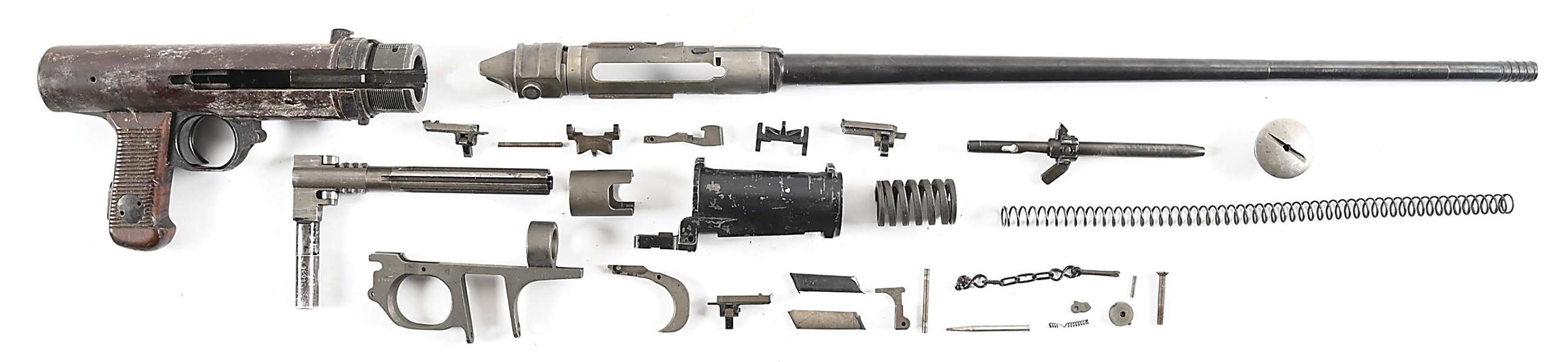 GERMAN MG-15 MACHINE GUN PARTS INCLUDING COMPLETE HANDGRIP ASSEMBLY, BARREL, BARREL EXTENSION, BOLT, BOLT HOUSING, BAKELITE, AND SMALL PARTS.