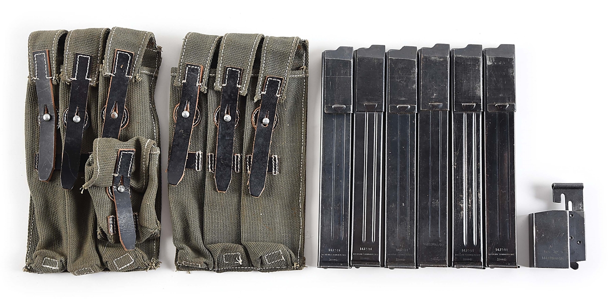 LOT OF SIX ORIGINAL WW2 GERMAN MARKED MP-40 MACHINE GUN MAGAZINES WITH ORIGINAL LOADER AND SET OF REPRODUCTION MAGAZINE POUCHES. 