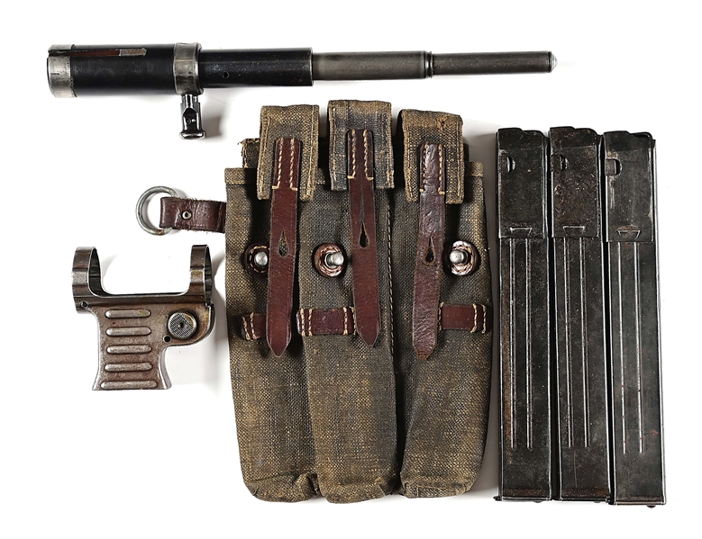 ONE ORIGINAL GERMAN LUFTWAFFE COLORED MP-40 MACHINE GUN MAGAZINE POUCH WITH 3 ORIGINAL MAGAZINES PLUS MP-40 MAGAZINE HOUSING, BOLT, AND MAINSPRING ASSEMBLY.