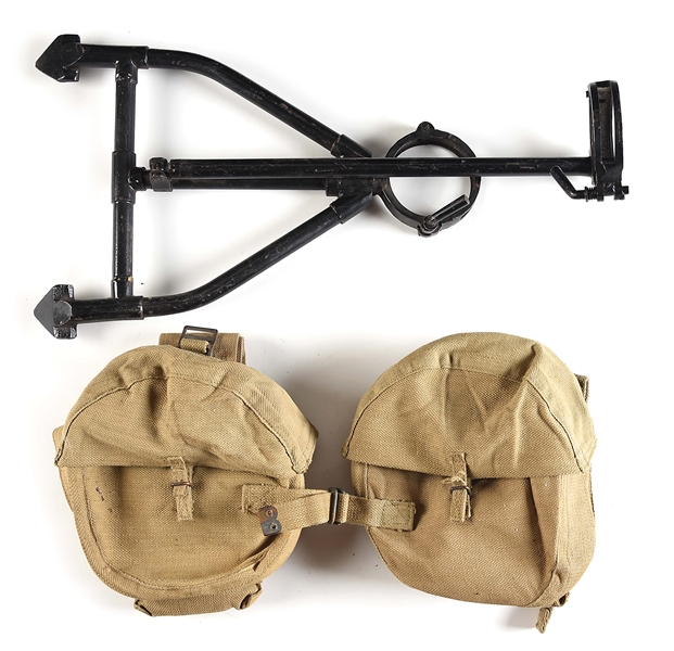 LEWIS MACHINE GUN BIPOD WITH CANVAS DRUM MAGAZINE COVERS.