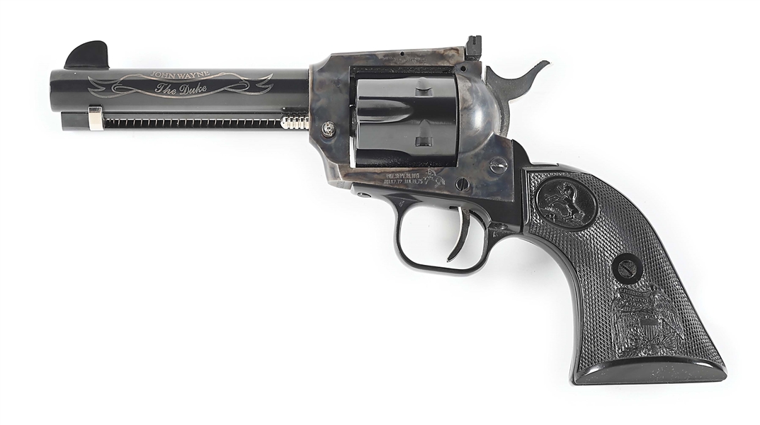 (M) COLT NEW FRONTIER JOHN WAYNE COMMEMORATIVE SINGLE ACTION .22 REVOLVER SHOW GUN WITH LOA AND BOX.