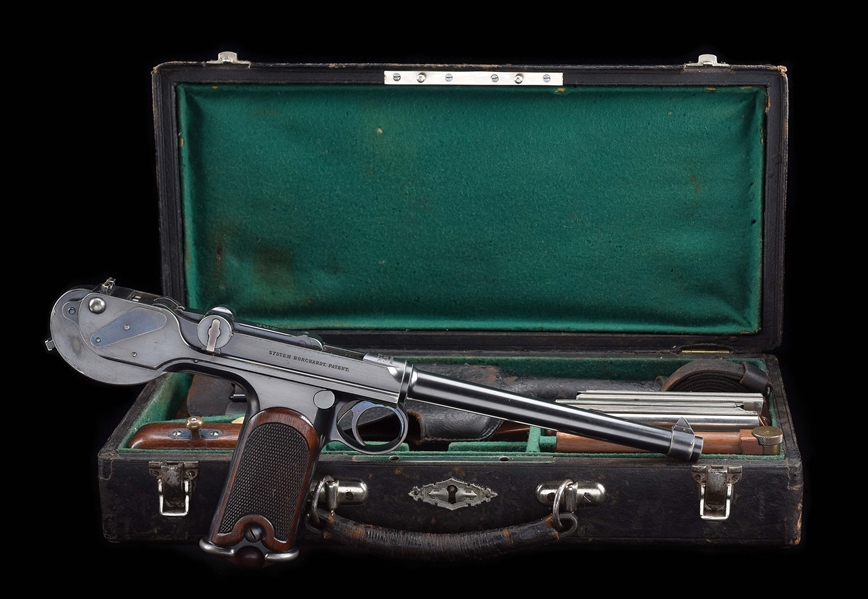 (A) LOEWE C93 BORCHARDT SEMI-AUTOMATIC PISTOL WITH CASE AND ACCESSORIES.