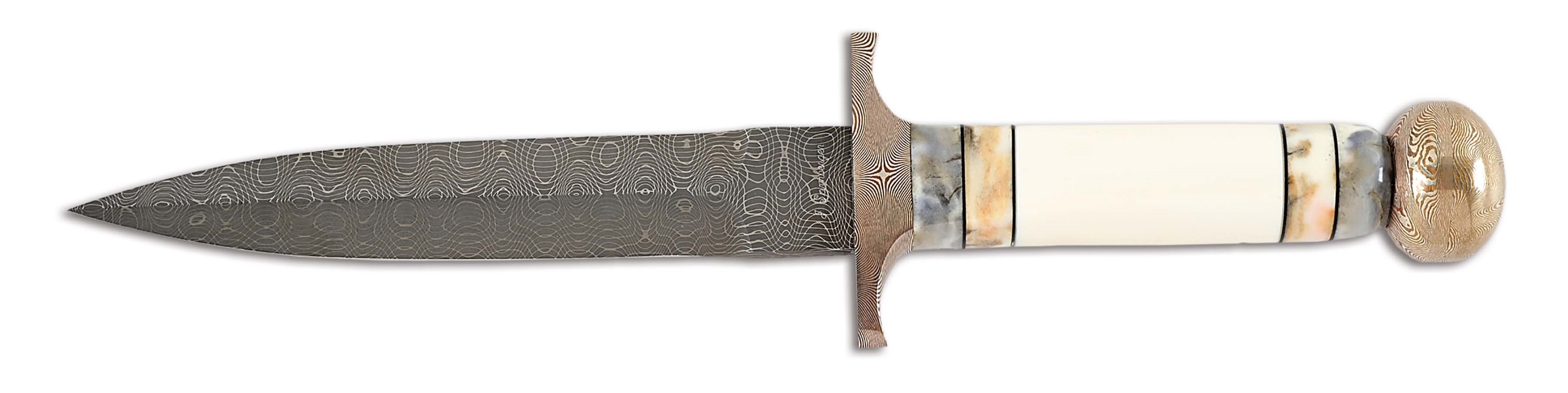 JIM SORNBERGER THREE-TONED IVORY BANDED DAMASCUS DAGGER.