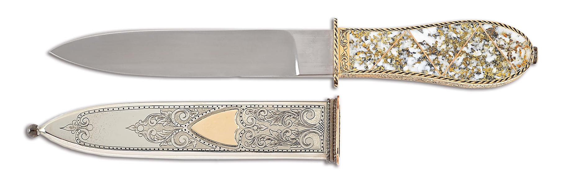 ORNATE JIM SORNBERGER CALIFORNIA STYLE DAGGER WITH GOLD QUARTZ HANDLE.