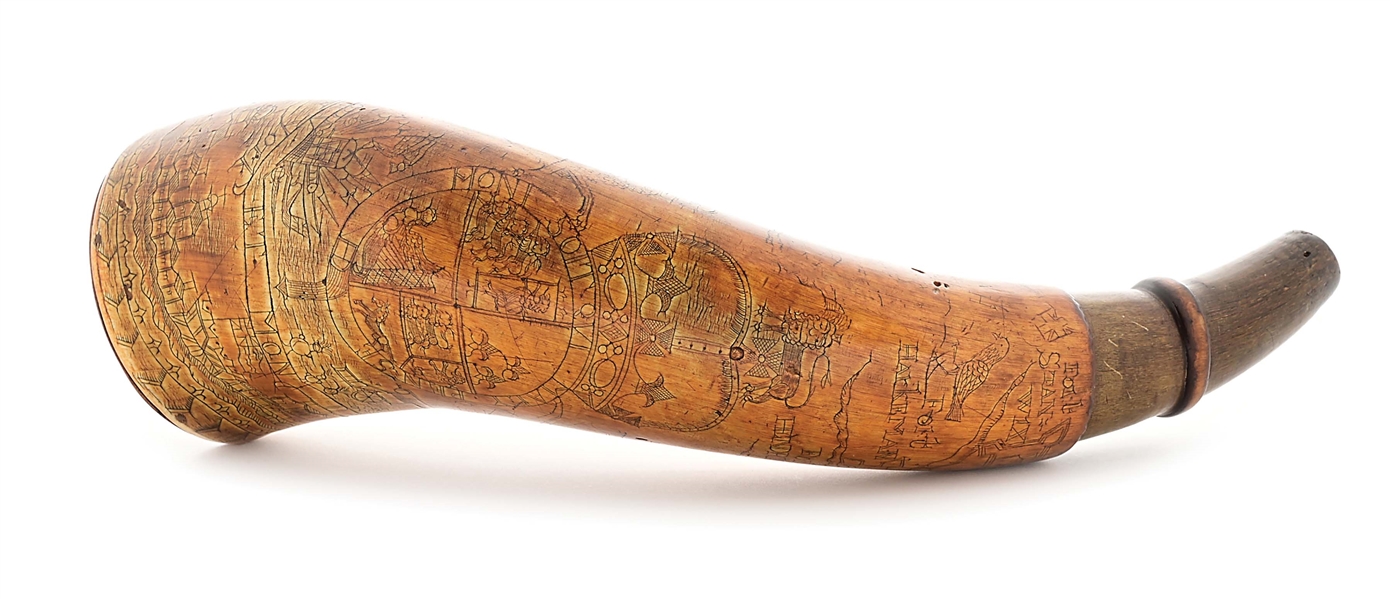 LARGE AMERICAN-ENGRAVED FRENCH AND INDIAN WAR NEW YORK MAP POWDER HORN.