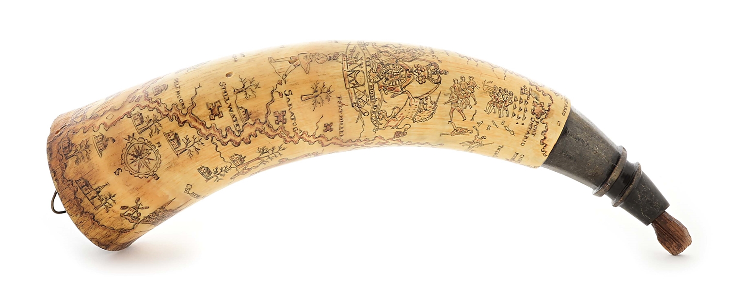 EXTREMELY FINE PROFESSIONALLY ENGRAVED POLYCHROMED FRENCH AND INDIAN WAR NEW YORK MAP POWDER HORN ATTRIBUTED TO THE "BATTLE CARVER".