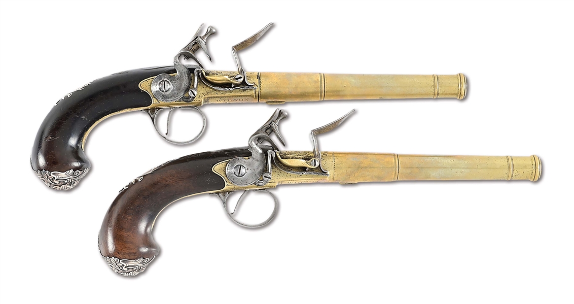 (A) FINE PAIR OF SILVER MOUNTED BRASS BARRELED QUEEN ANNE STYLE FLINTLOCK PISTOLS BY WILSON.