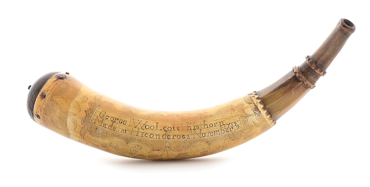 MEMENTO MORI CARVER 1759 DATED ENGRAVED FRENCH AND INDIAN WAR FT. TICONDEROGA POWDER HORN OF GEORGE WOOLCOTT, EX. WILLIAM GUTHMAN.