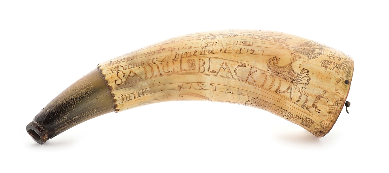 RARE FORT NUMBER 4 ENGRAVED FRENCH AND INDIAN WAR POWDER HORN OF SAMUEL BLACKMAN DATED 1757, MADE BY JOSEPH COLEY EX. WILLIAM GUTHMAN.