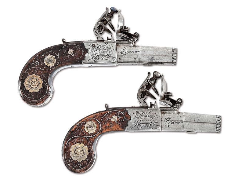 (A) FINE PAIR OF SILVER INLAID ENGLISH FLINTLOCK POCKET PISTOLS BY JACKSON.