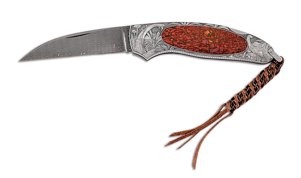 JOE KIOUS CUSTOM LOCKBACK KNIFE WITH RED DINOSAUR BONE INLAY.