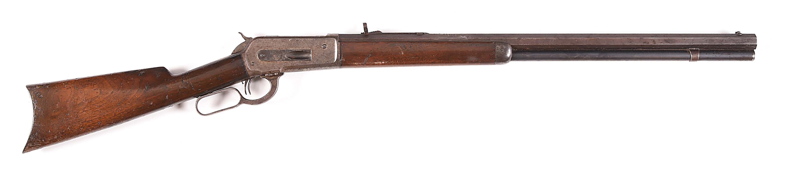 (A) HEAVY BARREL WINCHESTER MODEL 1886 LEVER ACTION RIFLE WITH SET TRIGGERS.