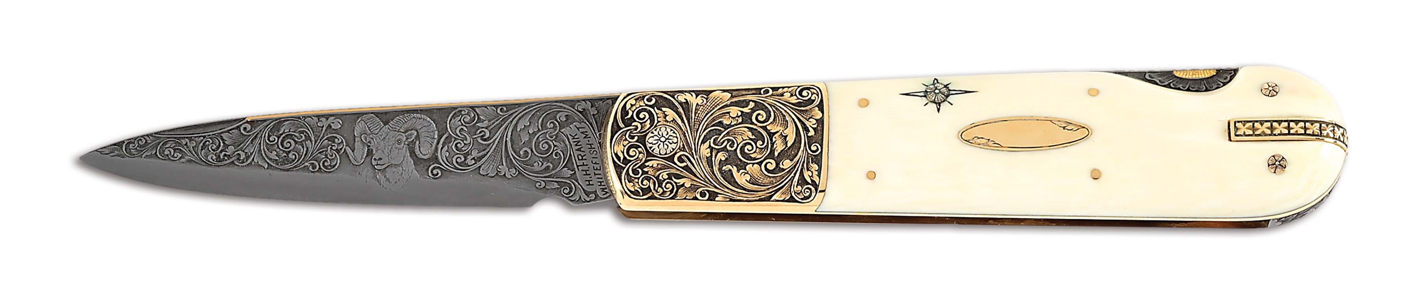 H.H. FRANK CUSTOM 14K GOLD & PRE-BAN ELEPHANT IVORY LOCKBACK KNIFE.