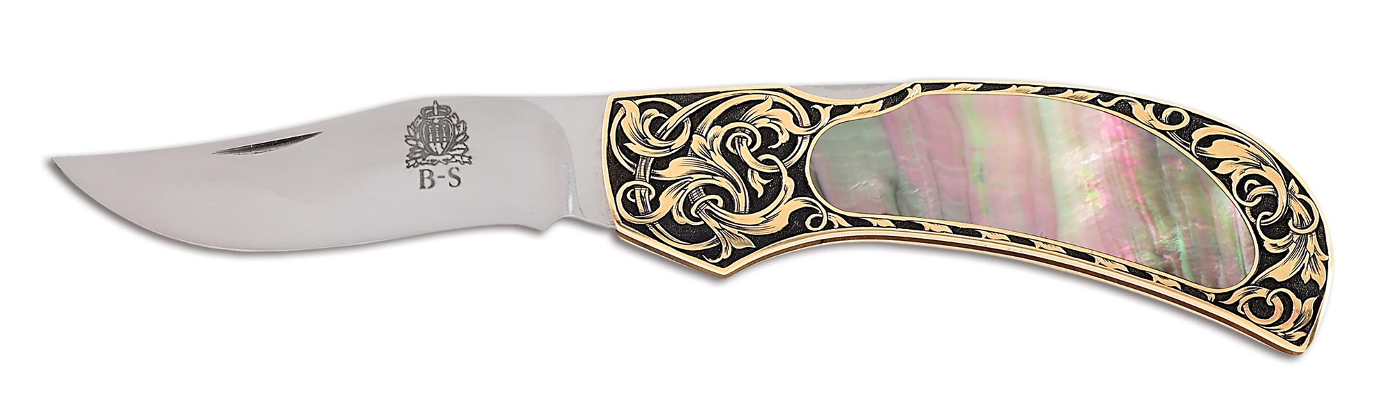 JIM MARTIN CUSTOM 18K GOLD BLACK LIP TAHITIAN PEARL SHELL INTERFRAME FRONT LOCK FOLDER.