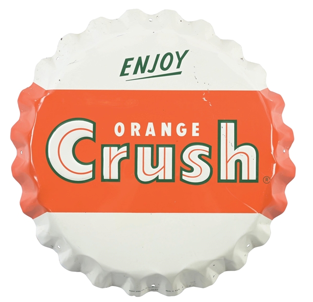 ENJOY ORANGE CRUSH EMBOSSED TIN BOTTLECAP SIGN