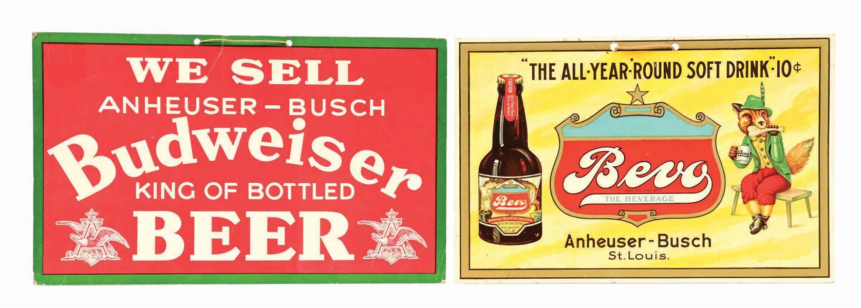 PAIR BUDWEISER & BEVO CARDBOARD HANGING SIGNS