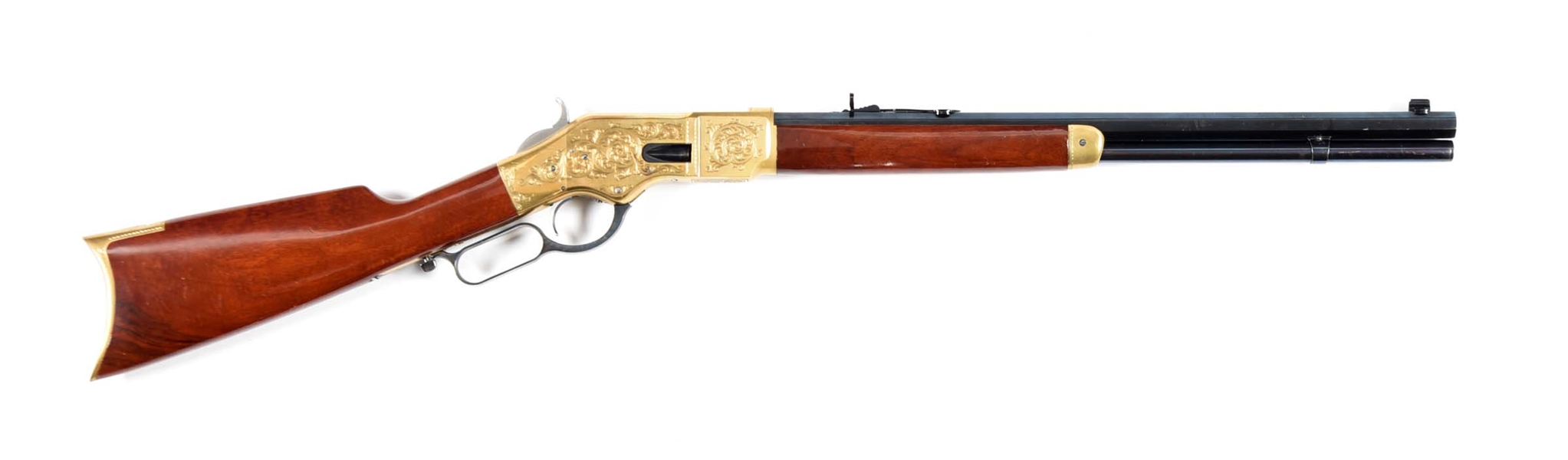 (M) ATTRACTIVE FREE MASON ENGRAVED CIMARRON MODEL 1866 LEVER ACTION SHORT RIFLE.