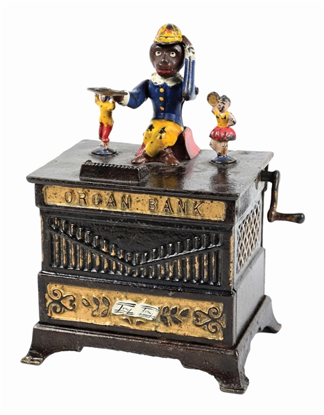 KEYSER & REX ORGAN BANK W/ BOY & GIRL CAST IRON MECHANICAL BANK