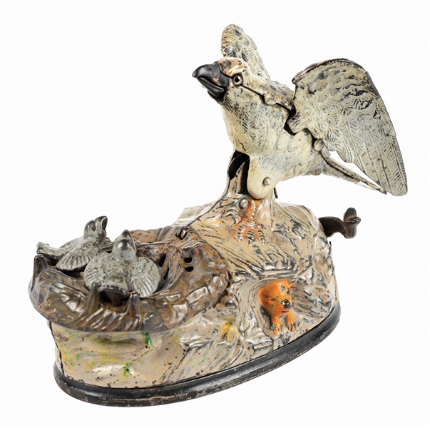 J. & E. STEVENS EAGLE W/ EAGLETS CAST IRON MECHANICAL BANK