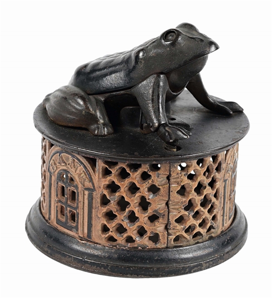 J. & E. STEVENS FROG ON ROUND BASE CAST IRON MECHANICAL BANK