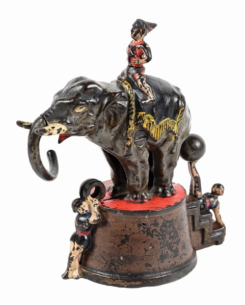 J. & E. STEVENS ELEPHANT AND THREE CLOWNS CAST IRON MECHANICAL BANK