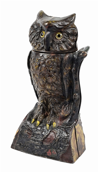 J. & E. STEVENS OWL TURNS HEAD CAST IRON MECHANICAL BANK