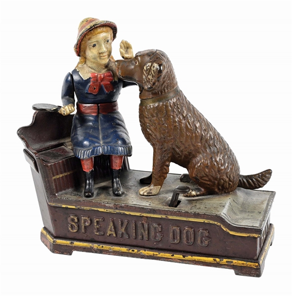 J. & E. STEVENS SPEAKING DOG CAST IRON MECHANICAL BANK