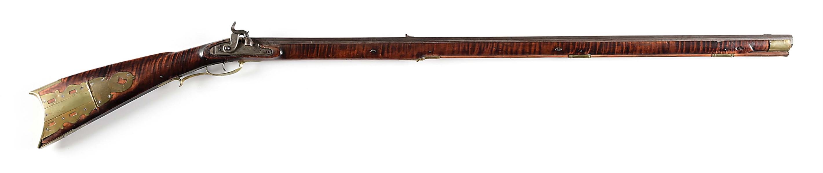 (A) PERCUSSION KENTUCKY RIFLE WITH HORSE HEAD PATCH BOX.