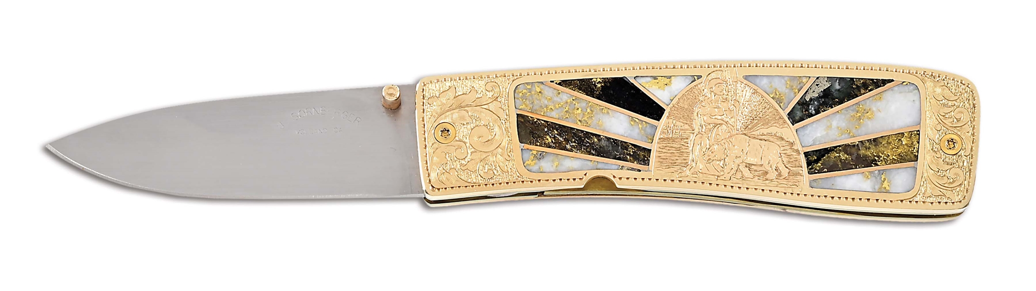 JIM SORNBERGER 14K GOLD LINERLOCK KNIFE WITH GOLD QUARTZ SCALES.