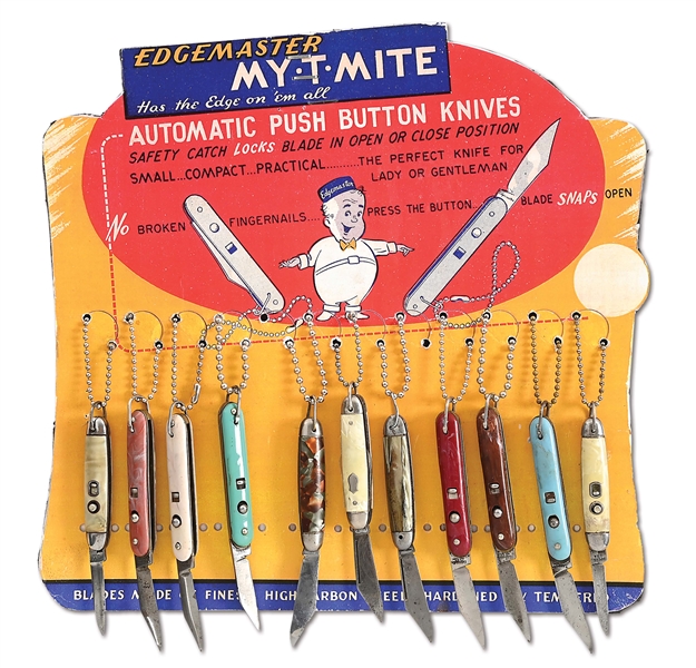 EDGEMASTER MY-T-MITE STORE DISPLAY CARD WITH 11 AUTOMATIC KINIVES.