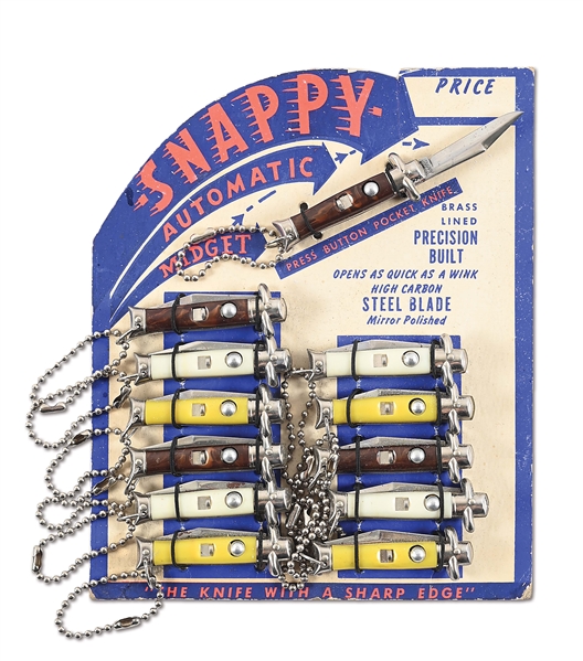 SNAPPY-AUTOMATIC MIDGET STORE DISPLAY CARD WITH 12 AUTOMATIC KNIVES.