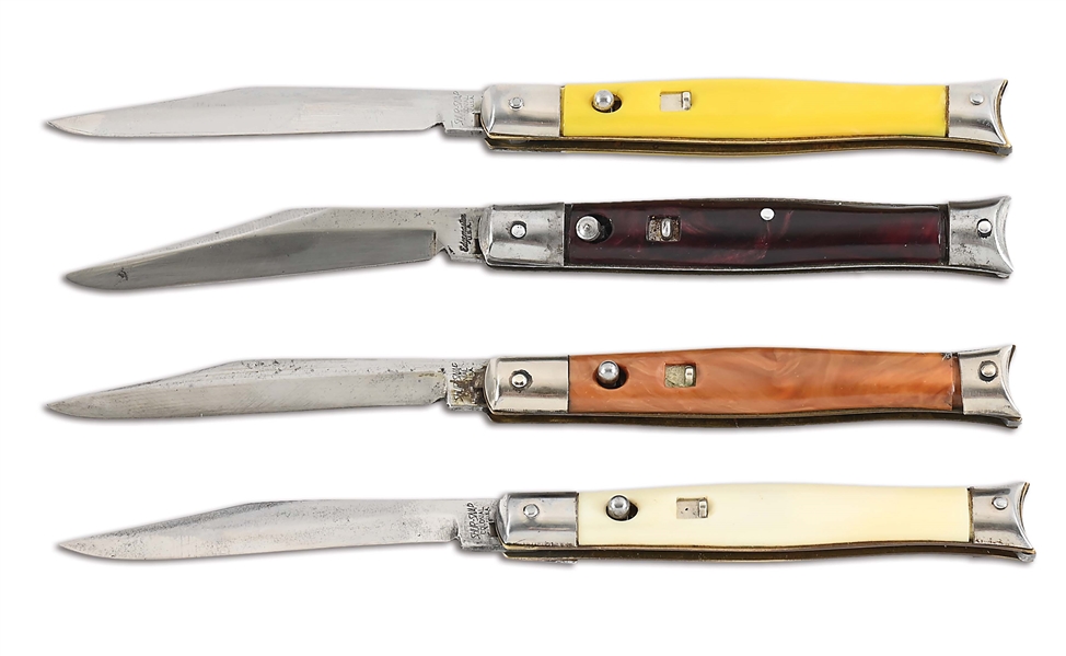 LOT OF 4: VARIOUS BRAND FISHTAIL AUTOMATIC KNIVES.