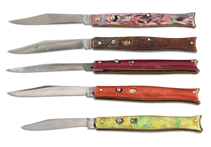 LOT OF 5: VARIOUS BRAND FISHTAIL AUTOMATIC KNIVES.