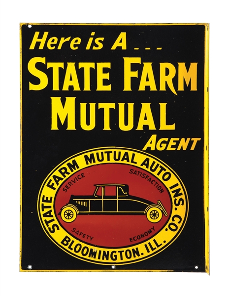 STATE FARM MUTUAL AUTO INSURANCE PORCELAIN SIGN W/ CAR GRAPHIC. 