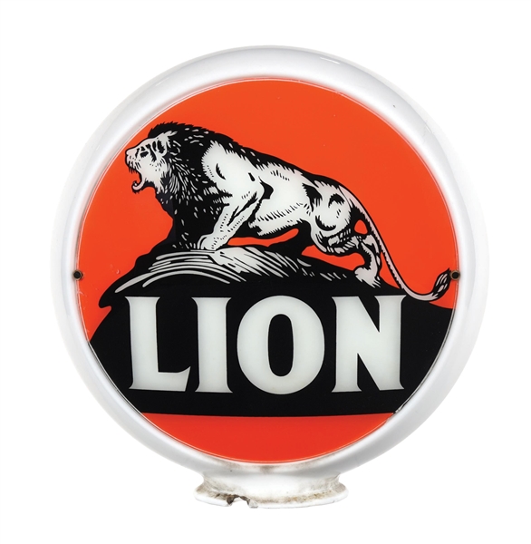 LION GASOLINE SINGLE 13.5" GLOBE LENS W/ LION GRAPHIC ON MILK GLASS BODY. 