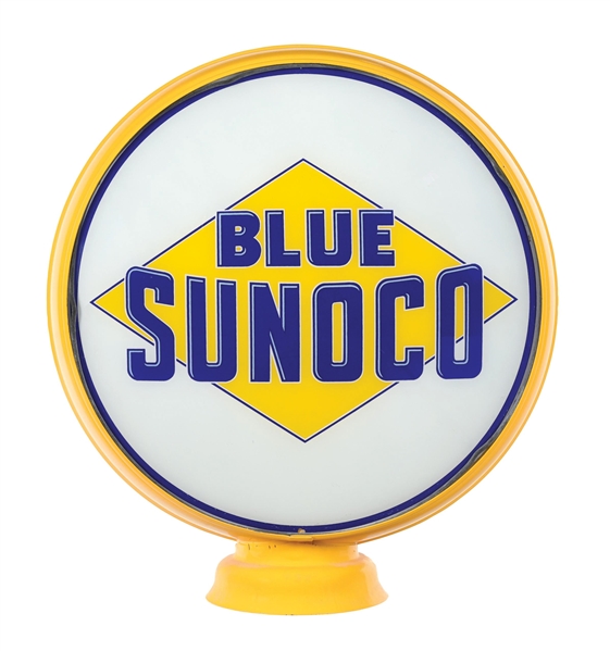 SUNOCO BLUE GASOLINE COMPLETE 15" GLOBE ON METAL LOW PROFILE BODY. 