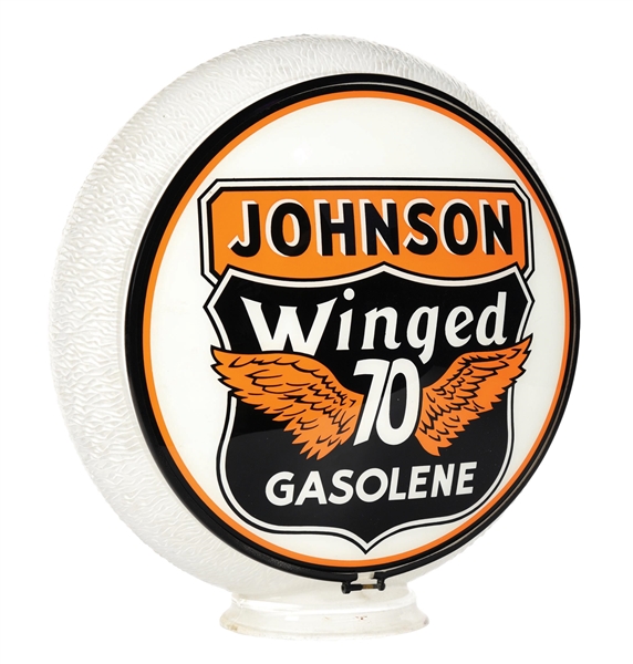 JOHNSON WINGED 70 GASOLENE SINGLE 13.5" GLOBE LENS ON ORIGINAL WHITE RIPPLE GLASS BODY. 