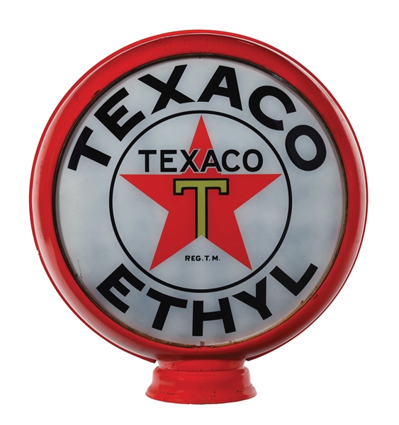 RARE TEXACO ETHYL GASOLINE SINGLE 15" GLOBE LENS ON METAL HIGH PROFILE BODY. 